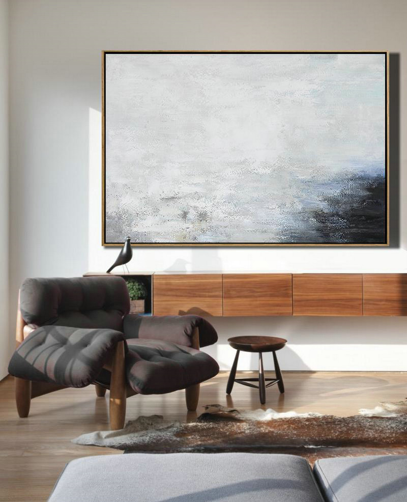 Large Contemporary Art Acrylic Painting,Hand Painted Oversized Horizontal Abstract Landscape Art On Canvas,Size Extra Large Abstract Art,White,Grey,Black.etc